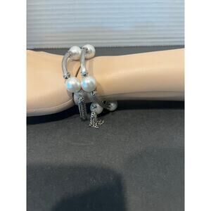 8‎ White Faux Pearl Silver Wrap Around Chain Statement Bracelet